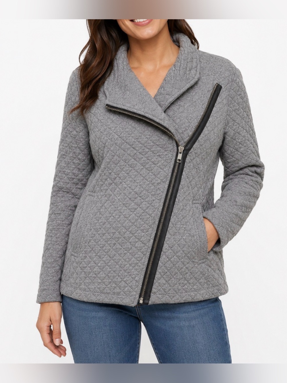 Cabi Quilted Moto Jacket Asymmetrical Zip Herringbone Size M Gray Outdoor
